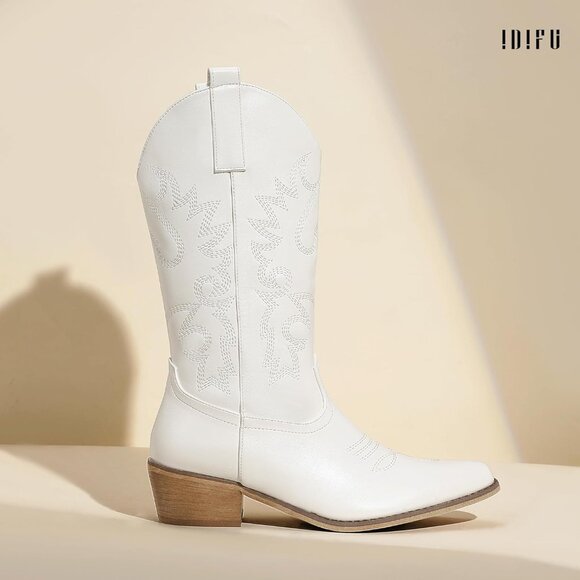 Women White Manmade Material Mid Calf Embroidered Low Heel Pointed Toe Boots - Picture 6 of 6